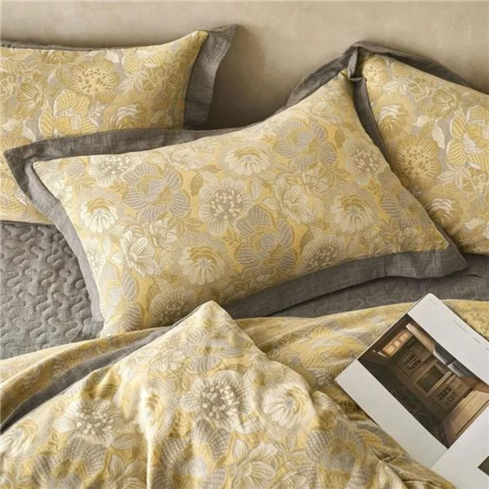 NEW Anthro Yellow Floral Jacquard Queen / King Cotton Bedding Duvet & Sham Set